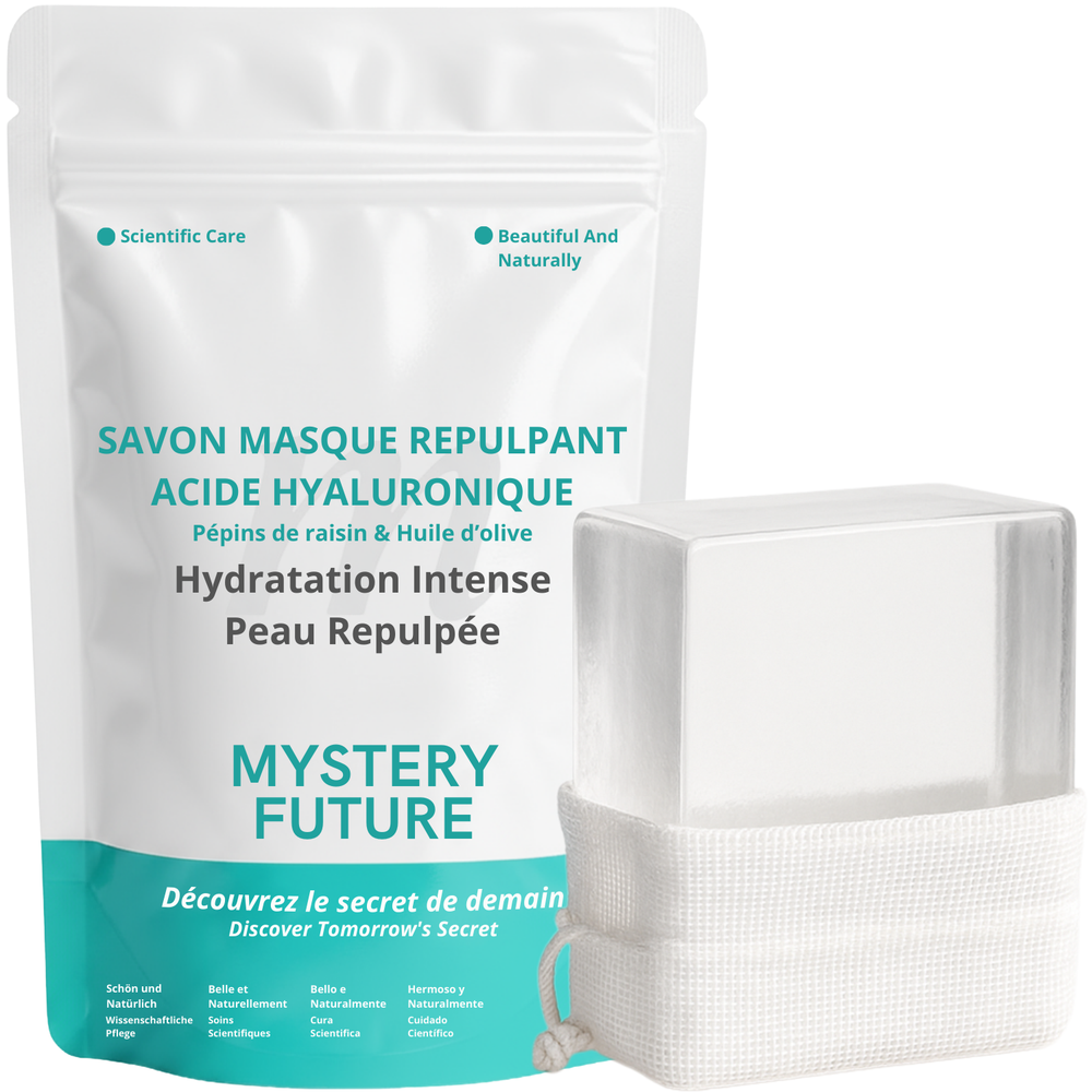 Savon Masque Acide Hyaluronique Pur Visage Corps 2 en 1 - Anti-Âge Hydratant Repulpant Rides - Pépins Raisin Huile Olive 140g + Filet à Savon Offert - 100% Naturel Tous Types Peau Femme Homme
