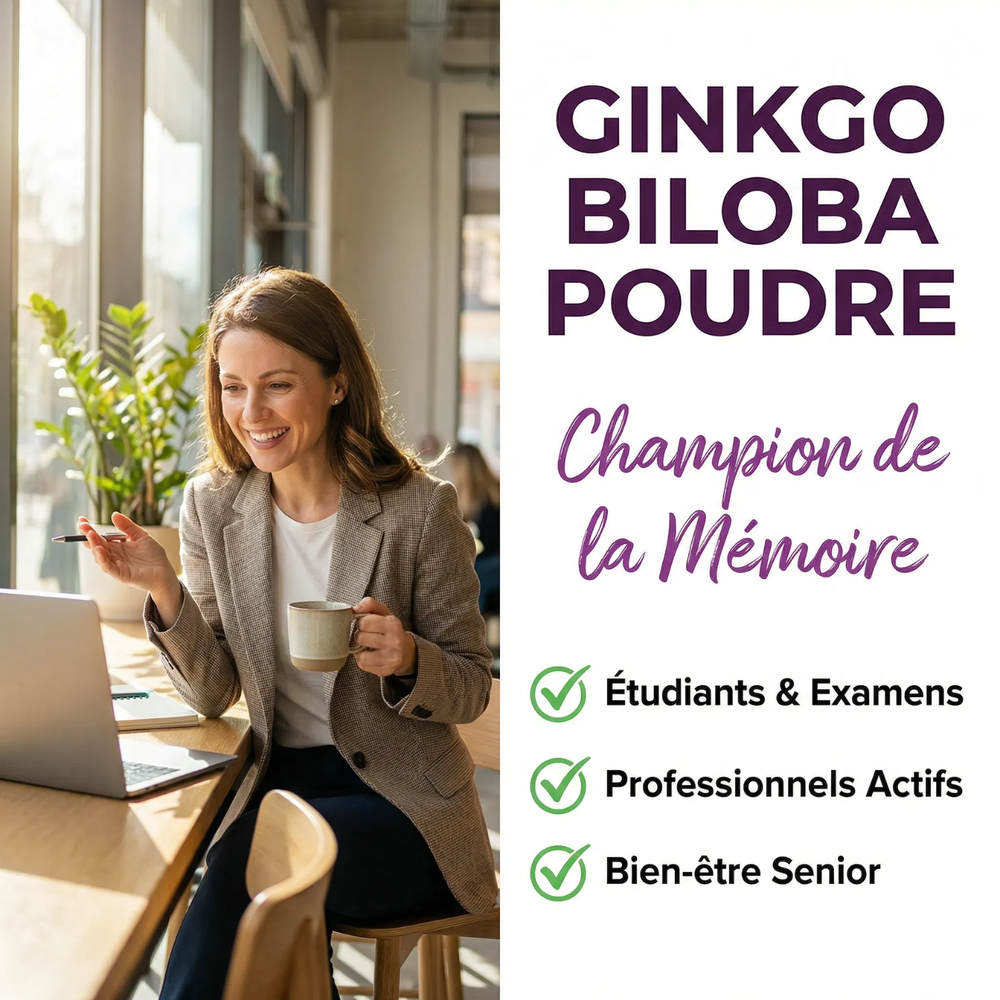 Ginkgo Biloba Poudre Feuille Pure | Mémoire Concentration Performances Intellectuelles | Circulation Cérébrale Oxygénation Cerveau | Antioxydant Neuroprotecteur | Sachet Refermable