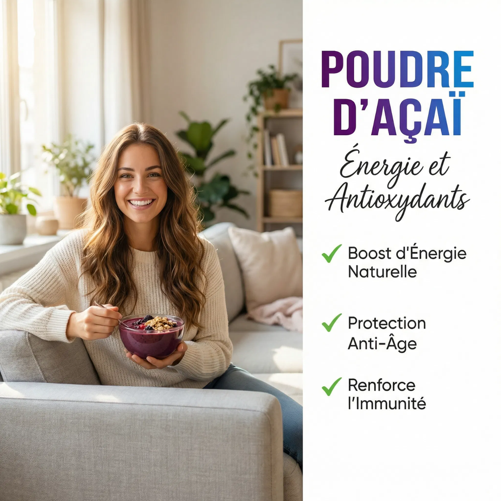 Poudre d'Açaï | Superaliment Antioxydant | Énergie, Vitalité, Immunité | Pour Smoothie Bowl, Yaourt, Boissons | Lyophilisée, Pure, Qualité Premium | Sachet Refermable