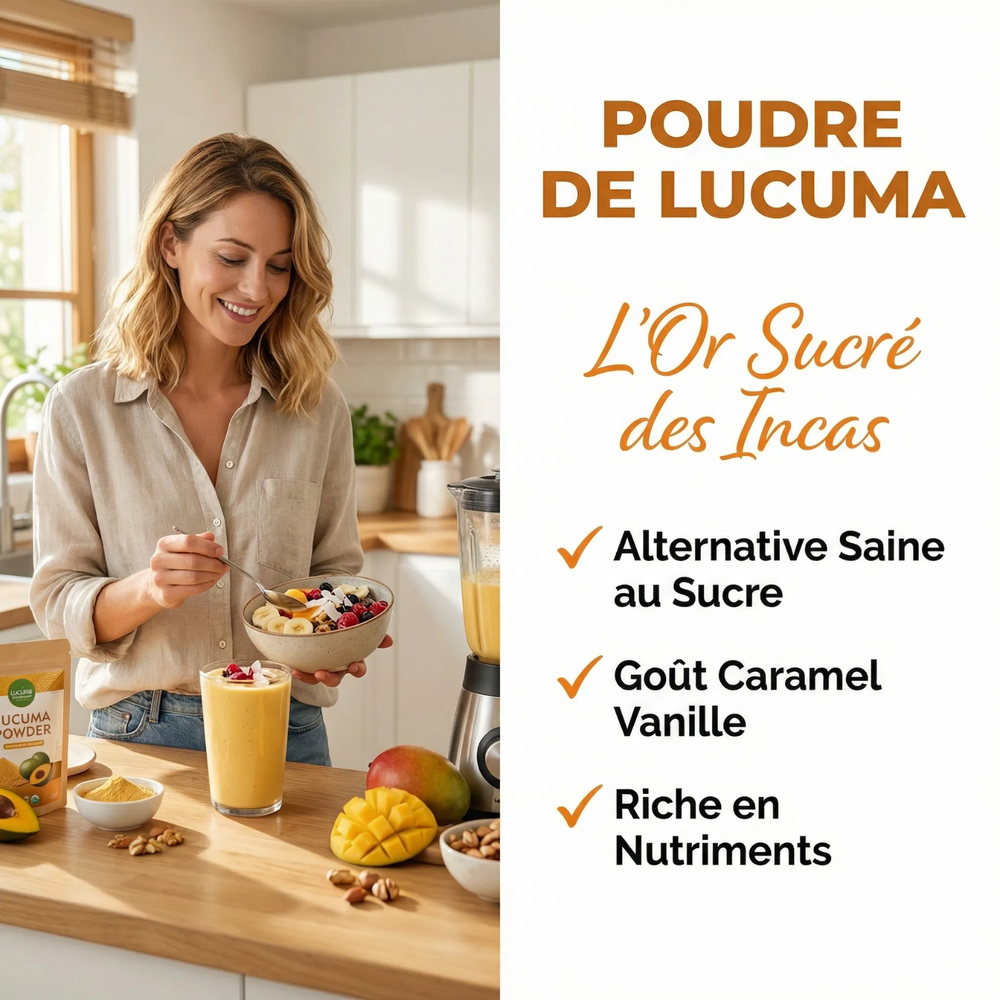 Poudre Lucuma Pure Pérou Superfruit Incas | Édulcorant Naturel Alternative Sucre Faible IG Glycémie | Goût Caramel Vanille Sirop Érable | Antioxydant Fibres Vitamines | Pâtisserie Smoothies Desserts