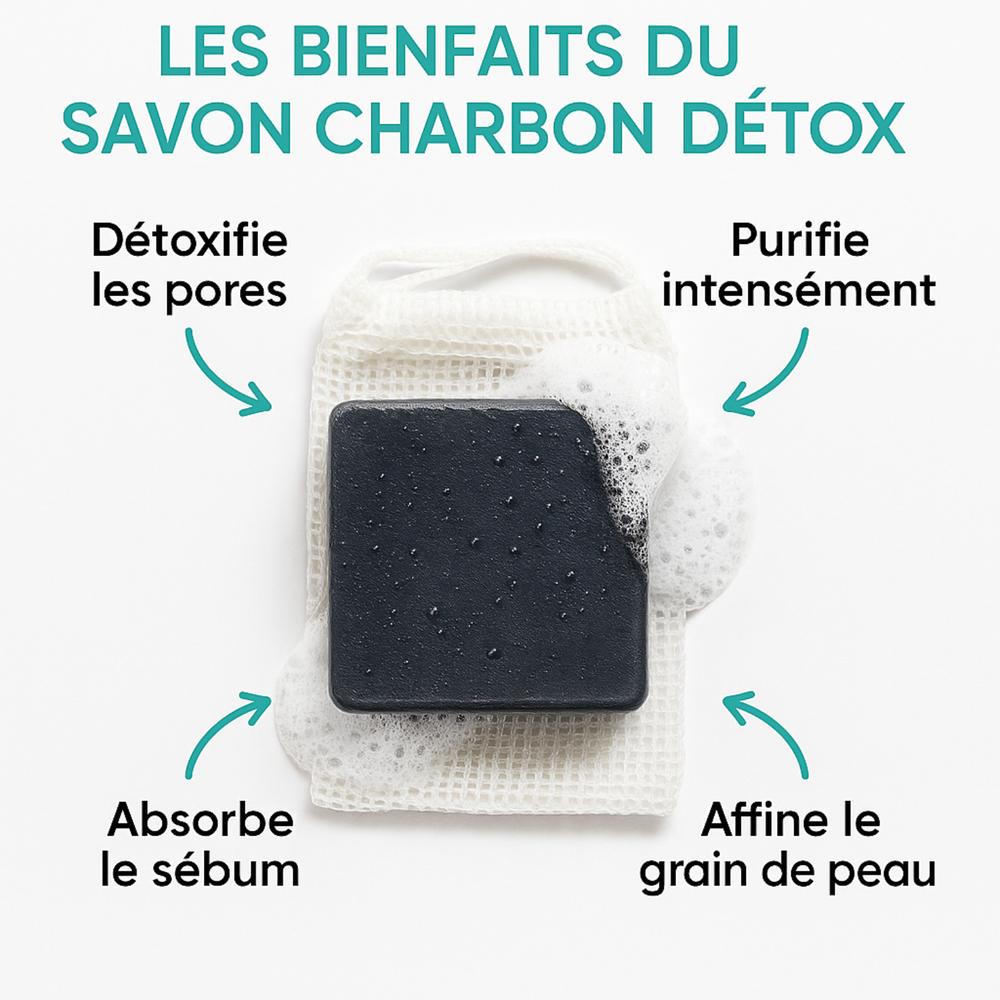 Savon Charbon Actif | Visage & Corps Purifiant Détoxifiant | Nettoyant Profond Peaux Grasses Mixtes Acnéiques | Régule l’Excès de Sébum