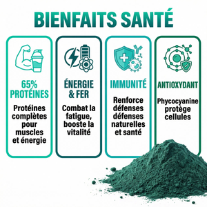 Spiruline Poudre Pure |  65% Protéines Végétales, Fer, Vitamines | Superaliment Énergie, Vitalité, Immunité, Sport | Riche en Phycocyanine Antioxydant | Détox | Arthrospira Platensis