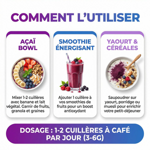 Poudre d'Açaï | Superaliment Antioxydant | Énergie, Vitalité, Immunité | Pour Smoothie Bowl, Yaourt, Boissons | Lyophilisée, Pure, Qualité Premium | Sachet Refermable