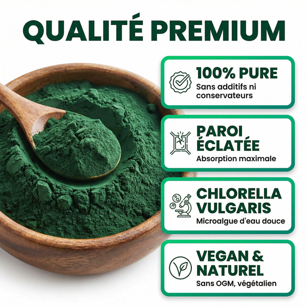 Chlorelle Poudre Pure | Chlorella Détox Métaux Lourds, Chlorophylle | Superaliment 60% Protéines, Fer, Vitamines | Soutien Immunité, Énergie, Digestion | Paroi Cellulaire Éclatée | Vulgaris