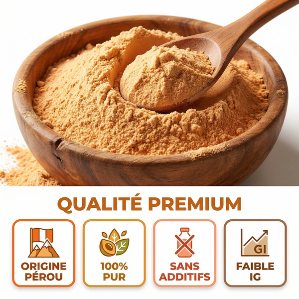 Poudre Lucuma Pure Pérou Superfruit Incas | Édulcorant Naturel Alternative Sucre Faible IG Glycémie | Goût Caramel Vanille Sirop Érable | Antioxydant Fibres Vitamines | Pâtisserie Smoothies Desserts